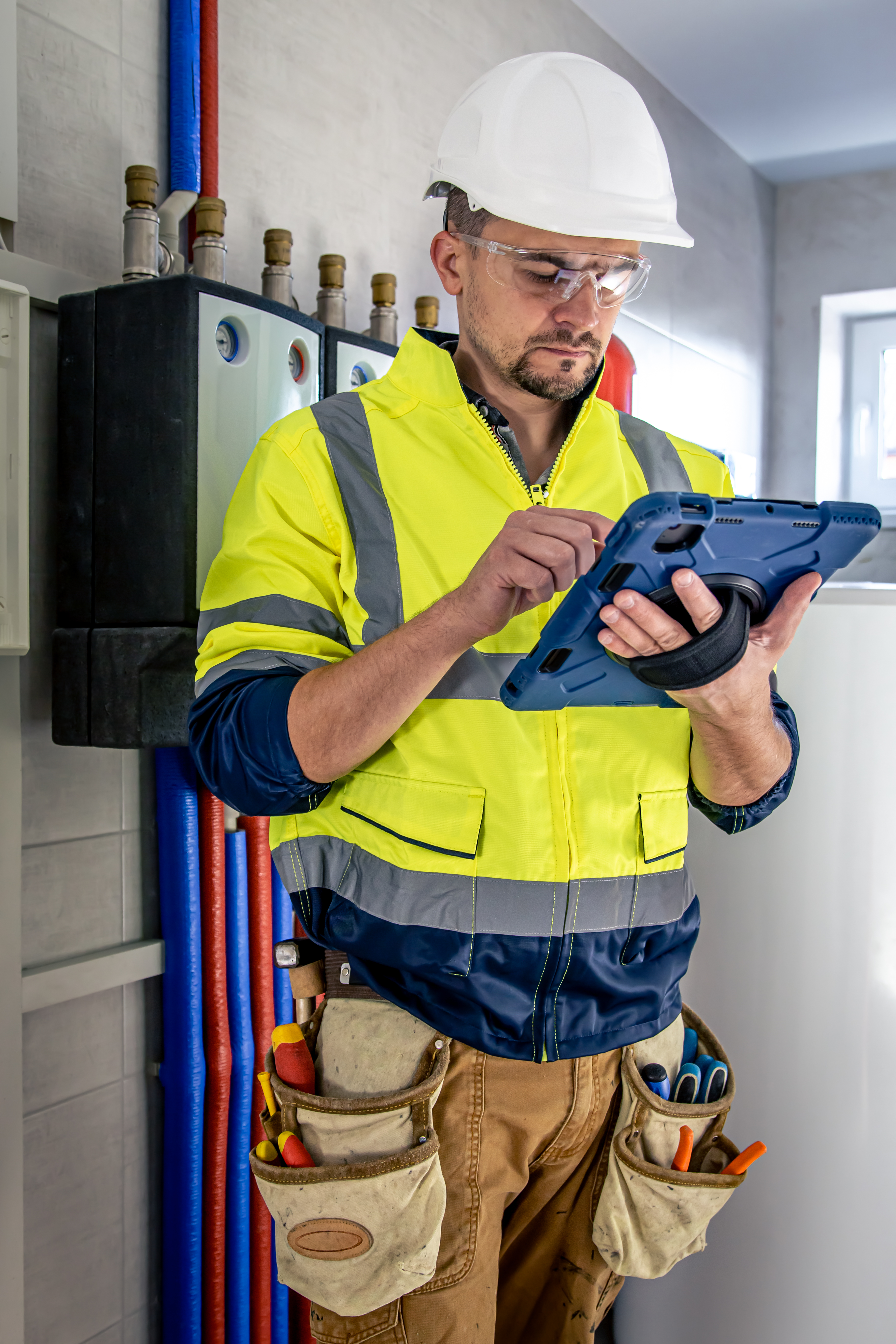 Technician inspecting mechanical systems and diagnostics